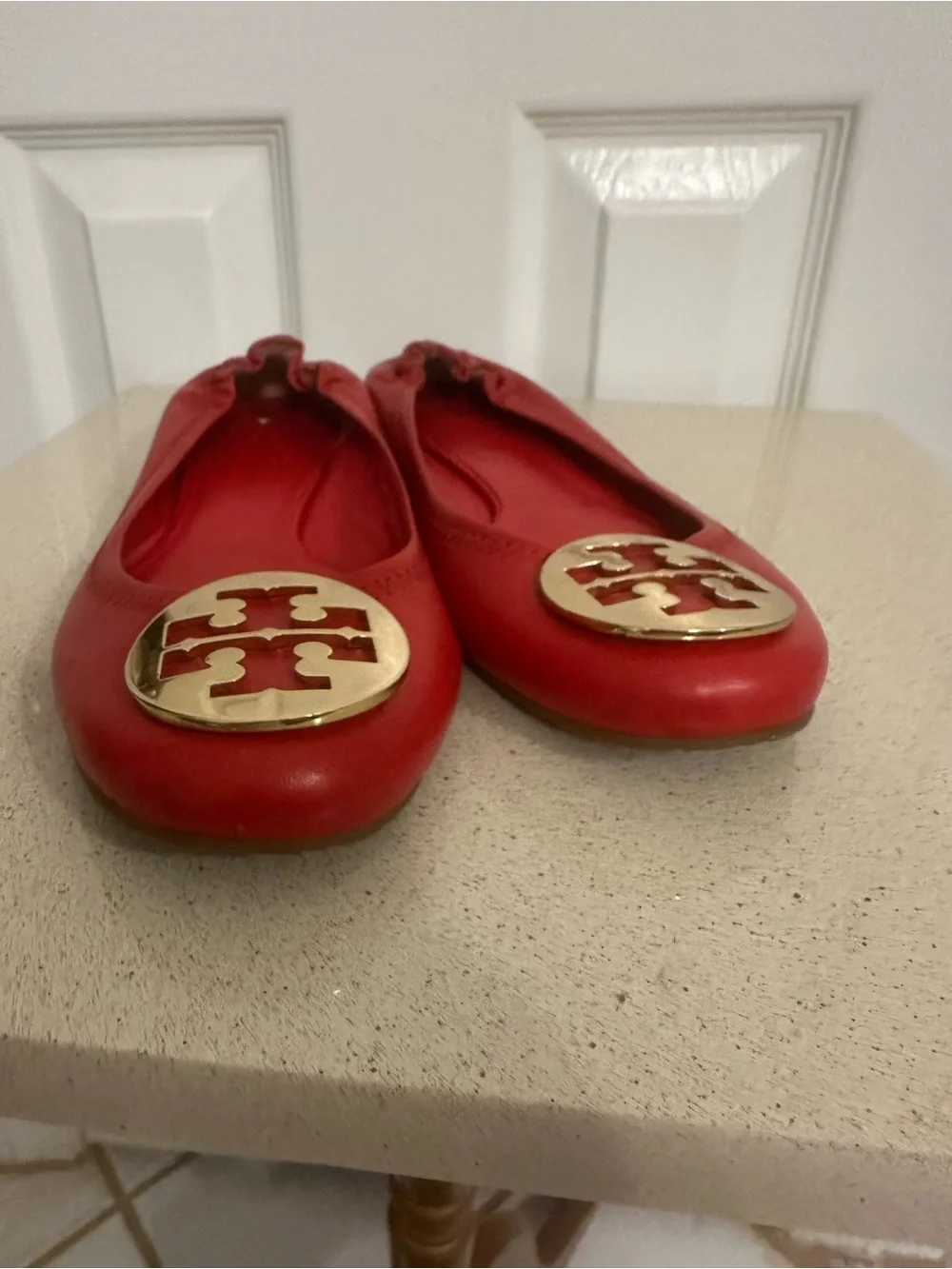Tory Burch Reva Red Leather Logo Ballet Flats